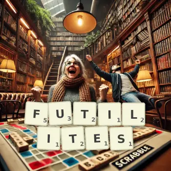 Illustration créative d'un jeu de lettres avec le mot FUTILITES épelé sur le plateau.