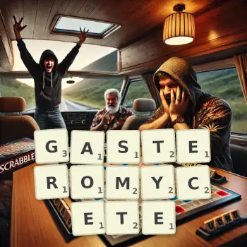 Illustration créative d'un jeu de lettres avec le mot GASTEROMYCETE épelé sur le plateau.