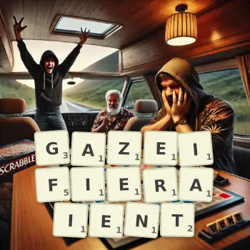 Illustration créative d'un jeu de lettres avec le mot GAZEIFIERAIENT épelé sur le plateau.