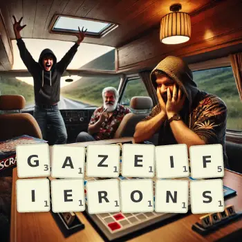 Illustration créative d'un jeu de lettres avec le mot GAZEIFIERONS épelé sur le plateau.