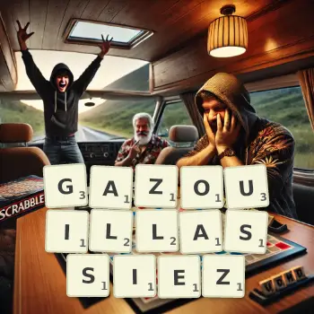 Illustration créative d'un jeu de lettres avec le mot GAZOUILLASSIEZ épelé sur le plateau.