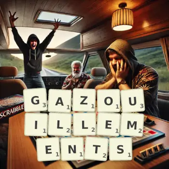 Illustration créative d'un jeu de lettres avec le mot GAZOUILLEMENTS épelé sur le plateau.