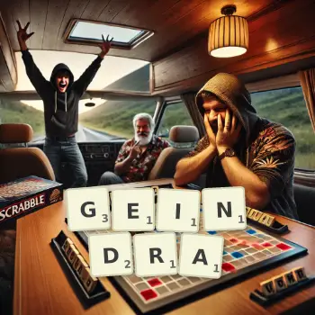 Illustration créative d'un jeu de lettres avec le mot GEINDRA épelé sur le plateau.