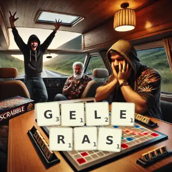 Illustration créative d'un jeu de lettres avec le mot GELERAS épelé sur le plateau.