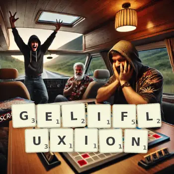 Illustration créative d'un jeu de lettres avec le mot GELIFLUXION épelé sur le plateau.