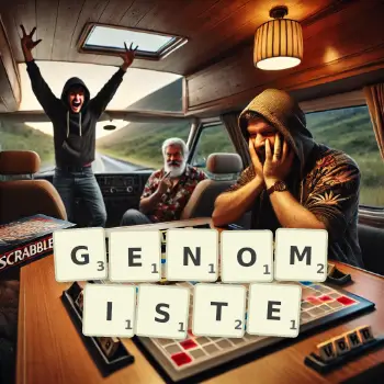 Illustration créative d'un jeu de lettres avec le mot GENOMISTE épelé sur le plateau.