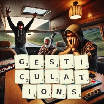 Illustration créative d'un jeu de lettres avec le mot GESTICULATIONS épelé sur le plateau.
