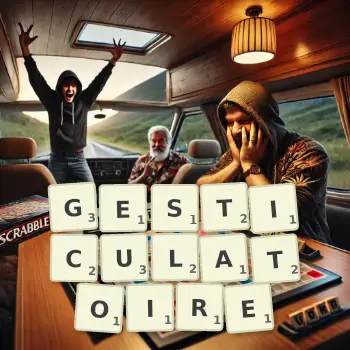 Illustration créative d'un jeu de lettres avec le mot GESTICULATOIRE épelé sur le plateau.