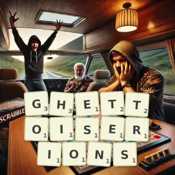 Illustration créative d'un jeu de lettres avec le mot GHETTOISERIONS épelé sur le plateau.