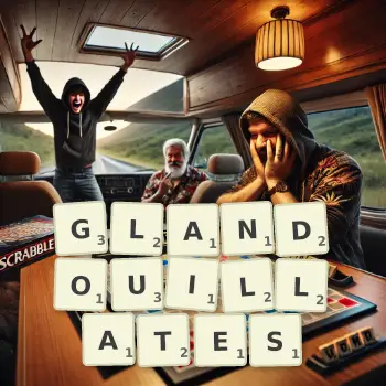 Illustration créative d'un jeu de lettres avec le mot GLANDOUILLATES épelé sur le plateau.