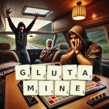 Illustration créative d'un jeu de lettres avec le mot GLUTAMINE épelé sur le plateau.