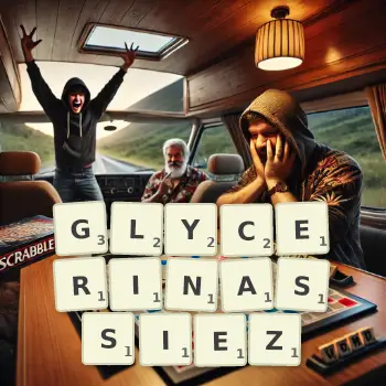 Illustration créative d'un jeu de lettres avec le mot GLYCERINASSIEZ épelé sur le plateau.