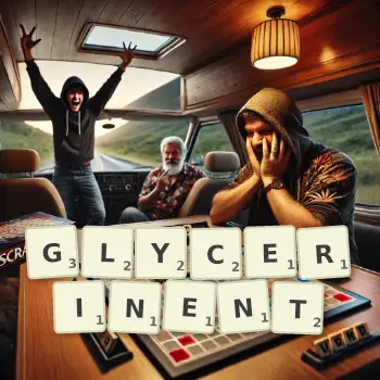 Illustration créative d'un jeu de lettres avec le mot GLYCERINENT épelé sur le plateau.