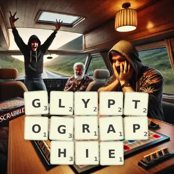 Illustration créative d'un jeu de lettres avec le mot GLYPTOGRAPHIE épelé sur le plateau.