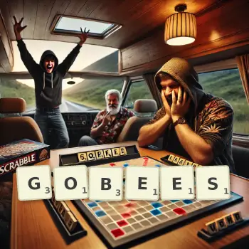 Illustration créative d'un jeu de lettres avec le mot GOBEES épelé sur le plateau.