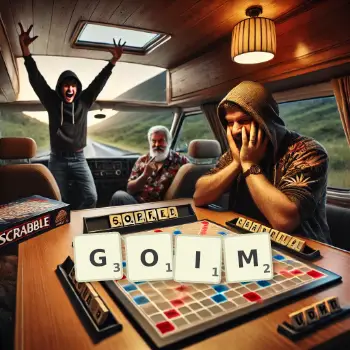 Illustration créative d'un jeu de lettres avec le mot GOIM épelé sur le plateau.