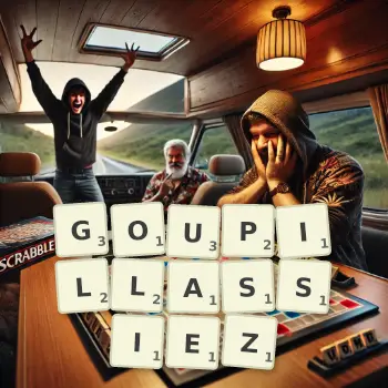 Illustration créative d'un jeu de lettres avec le mot GOUPILLASSIEZ épelé sur le plateau.