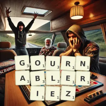 Illustration créative d'un jeu de lettres avec le mot GOURNABLERIEZ épelé sur le plateau.