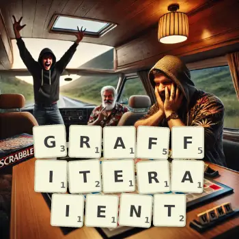 Illustration créative d'un jeu de lettres avec le mot GRAFFITERAIENT épelé sur le plateau.