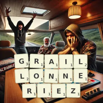 Illustration créative d'un jeu de lettres avec le mot GRAILLONNERIEZ épelé sur le plateau.