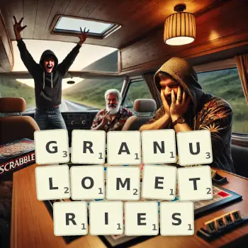 Illustration créative d'un jeu de lettres avec le mot GRANULOMETRIES épelé sur le plateau.