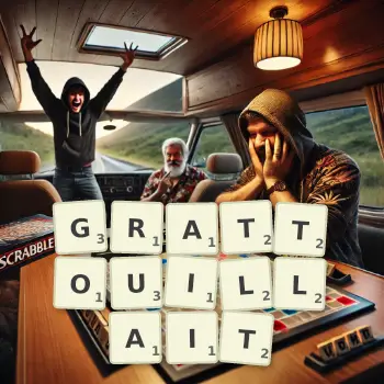 Illustration créative d'un jeu de lettres avec le mot GRATTOUILLAIT épelé sur le plateau.