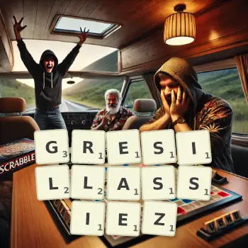 Illustration créative d'un jeu de lettres avec le mot GRESILLASSIEZ épelé sur le plateau.