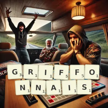 Illustration créative d'un jeu de lettres avec le mot GRIFFONNAIS épelé sur le plateau.