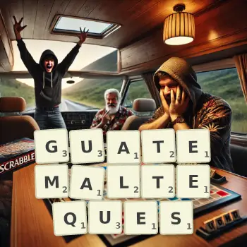 Illustration créative d'un jeu de lettres avec le mot GUATEMALTEQUES épelé sur le plateau.