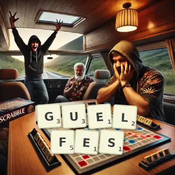 Illustration créative d'un jeu de lettres avec le mot GUELFES épelé sur le plateau.