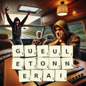 Illustration créative d'un jeu de lettres avec le mot GUEULETONNERAI épelé sur le plateau.