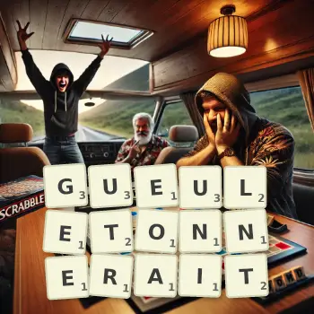 Illustration créative d'un jeu de lettres avec le mot GUEULETONNERAIT épelé sur le plateau.