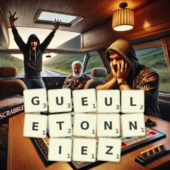 Illustration créative d'un jeu de lettres avec le mot GUEULETONNIEZ épelé sur le plateau.