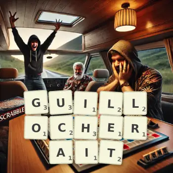 Illustration créative d'un jeu de lettres avec le mot GUILLOCHERAIT épelé sur le plateau.