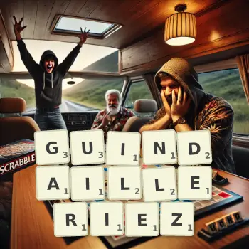 Illustration créative d'un jeu de lettres avec le mot GUINDAILLERIEZ épelé sur le plateau.