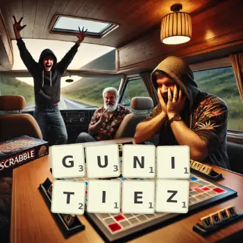 Illustration créative d'un jeu de lettres avec le mot GUNITIEZ épelé sur le plateau.