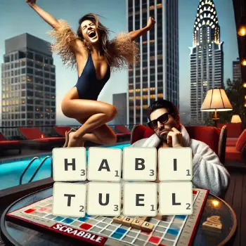 Illustration créative d'un jeu de lettres avec le mot HABITUEL épelé sur le plateau.