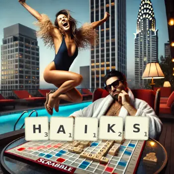 Illustration créative d'un jeu de lettres avec le mot HAIKS épelé sur le plateau.