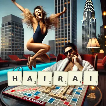 Illustration créative d'un jeu de lettres avec le mot HAIRAI épelé sur le plateau.
