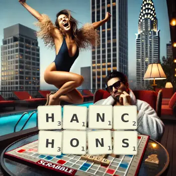 Illustration créative d'un jeu de lettres avec le mot HANCHONS épelé sur le plateau.