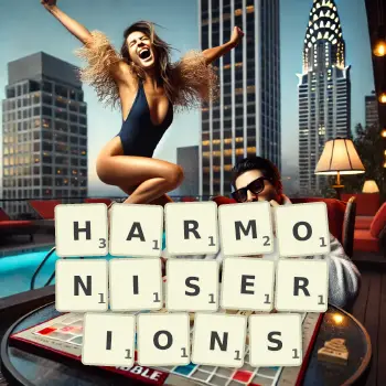 Illustration créative d'un jeu de lettres avec le mot HARMONISERIONS épelé sur le plateau.