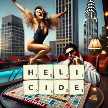 Illustration créative d'un jeu de lettres avec le mot HELICIDE épelé sur le plateau.