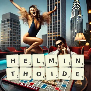 Illustration créative d'un jeu de lettres avec le mot HELMINTHOIDE épelé sur le plateau.