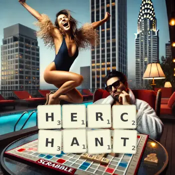 Illustration créative d'un jeu de lettres avec le mot HERCHANT épelé sur le plateau.