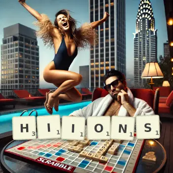 Illustration créative d'un jeu de lettres avec le mot HIIONS épelé sur le plateau.