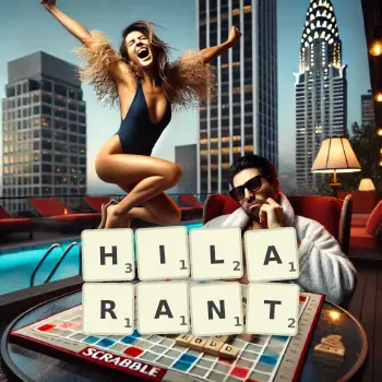 Illustration créative d'un jeu de lettres avec le mot HILARANT épelé sur le plateau.