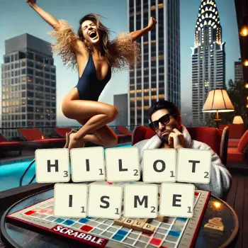 Illustration créative d'un jeu de lettres avec le mot HILOTISME épelé sur le plateau.