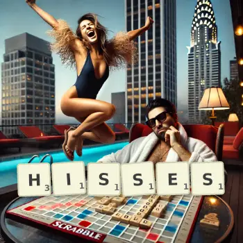 Illustration créative d'un jeu de lettres avec le mot HISSES épelé sur le plateau.