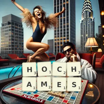 Illustration créative d'un jeu de lettres avec le mot HOCHAMES épelé sur le plateau.