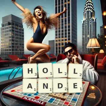 Illustration créative d'un jeu de lettres avec le mot HOLLANDE épelé sur le plateau.